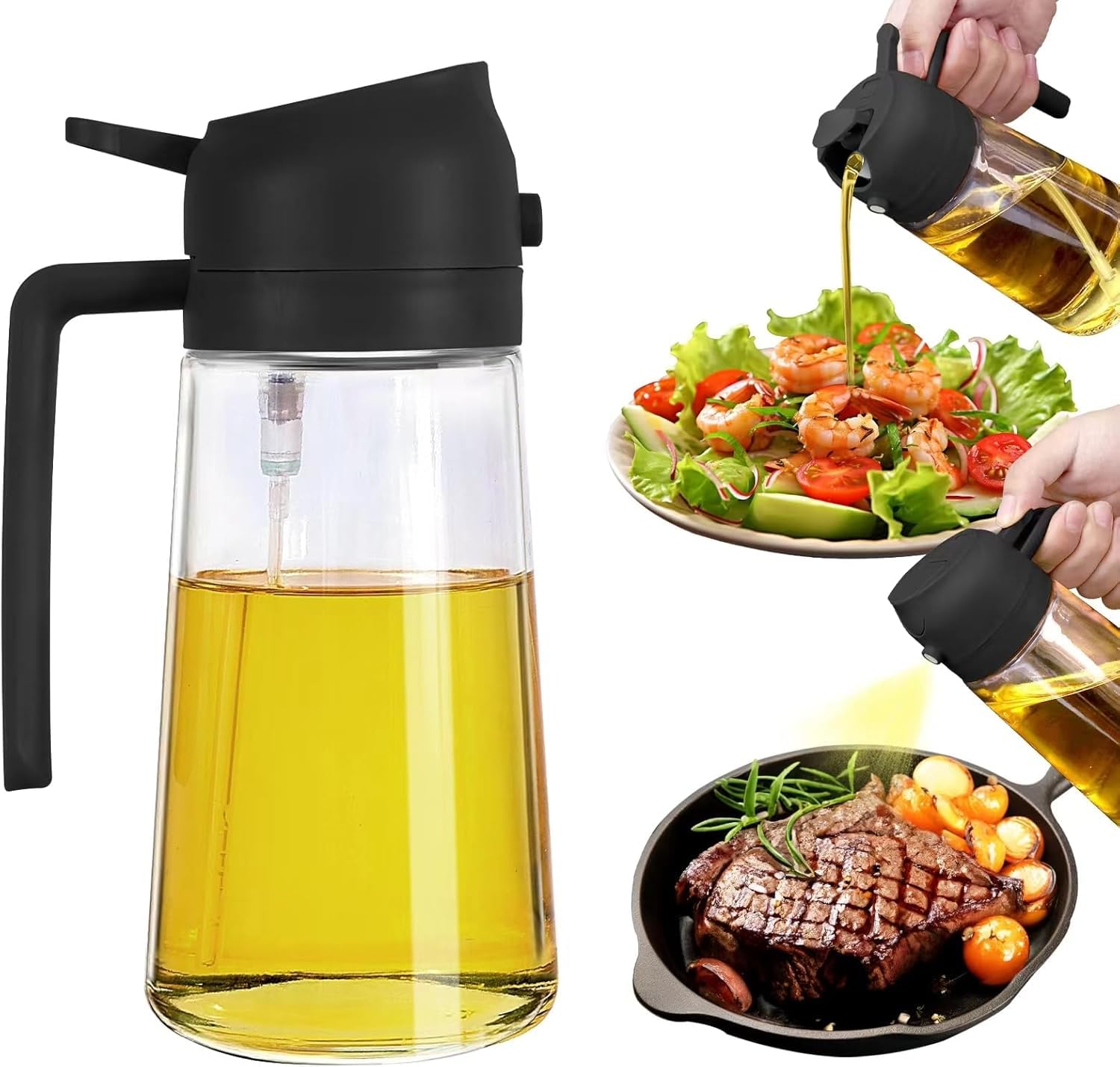 Versatile: This 500ml glass bottle serves as both an oil dispenser and sprayer for cooking needs. Premium Nozzle: Equipped with a high-quality nozzle for precise oil dispensing or fine misting. Clear Design: The transparent glass body allows you to easily monitor oil levels. Easy to Use: Simply press the pump to dispense oil or engage the sprayer function. Compact Size: Measuring 500ml capacity, this bottle fits neatly in kitchen spaces