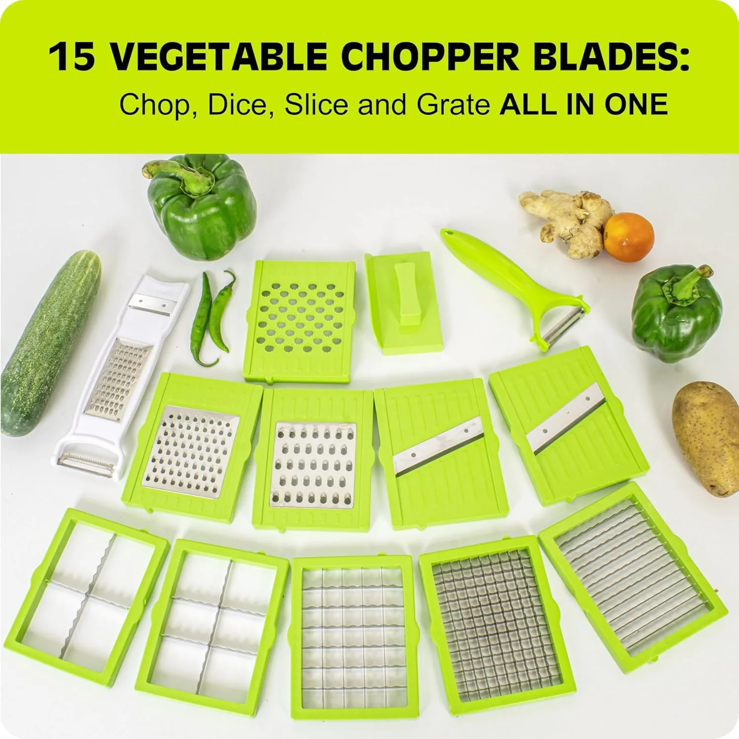Tekcool 15 in 1 Multipurpose Chopper, Fruits & Vegetable Cutters, Grater Peeler Chipser, Unbreakable Food Grade Body, Easy Push to Clean Button Slicer Dicer, Chopper for Kitchen (Green, Plastic) - Image 4