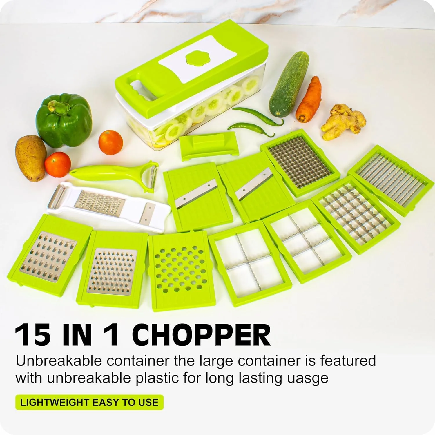 Tekcool 15 in 1 Multipurpose Chopper, Fruits & Vegetable Cutters, Grater Peeler Chipser, Unbreakable Food Grade Body, Easy Push to Clean Button Slicer Dicer, Chopper for Kitchen (Green, Plastic) - Image 6