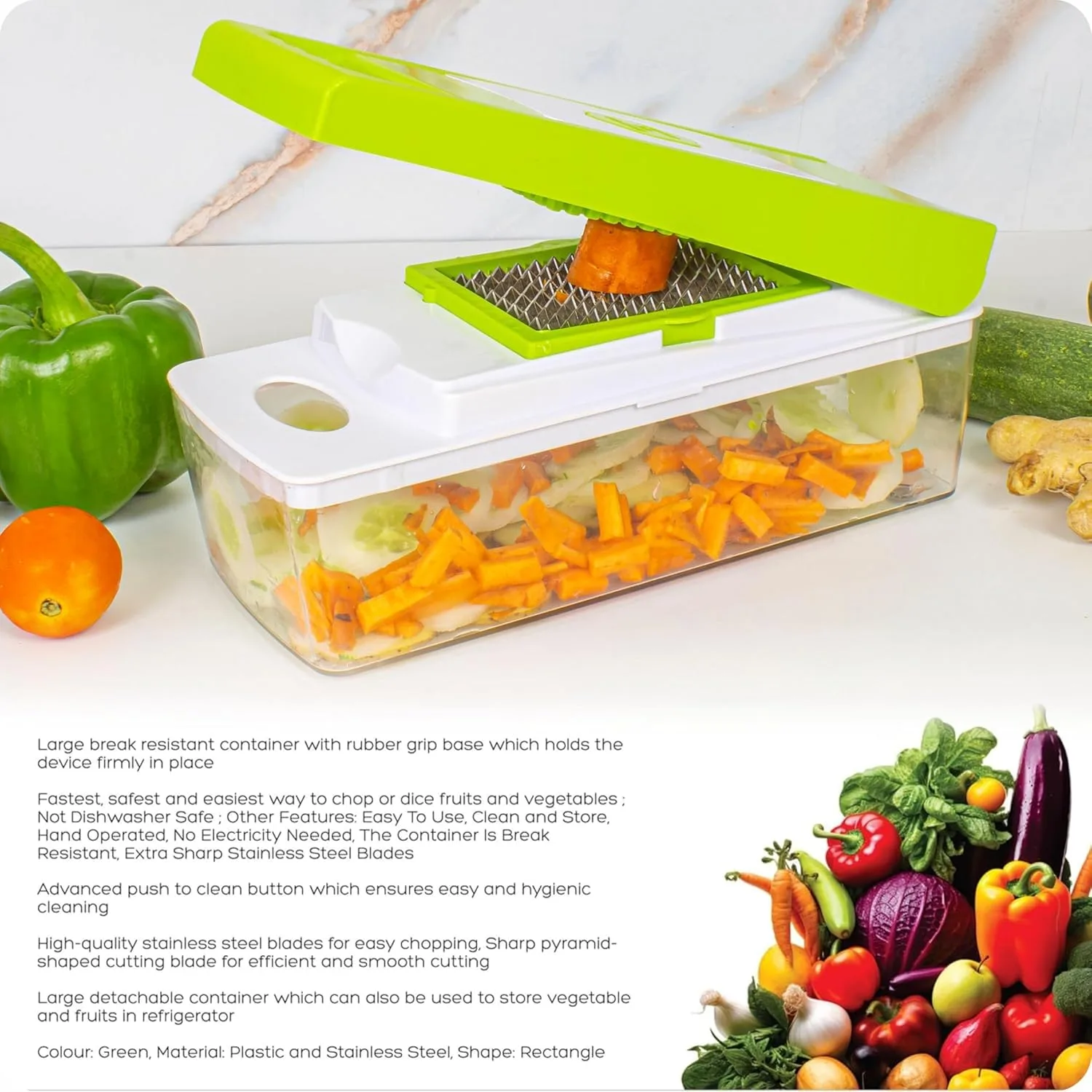 Tekcool 15 in 1 Multipurpose Chopper, Fruits & Vegetable Cutters, Grater Peeler Chipser, Unbreakable Food Grade Body, Easy Push to Clean Button Slicer Dicer, Chopper for Kitchen (Green, Plastic) - Image 2