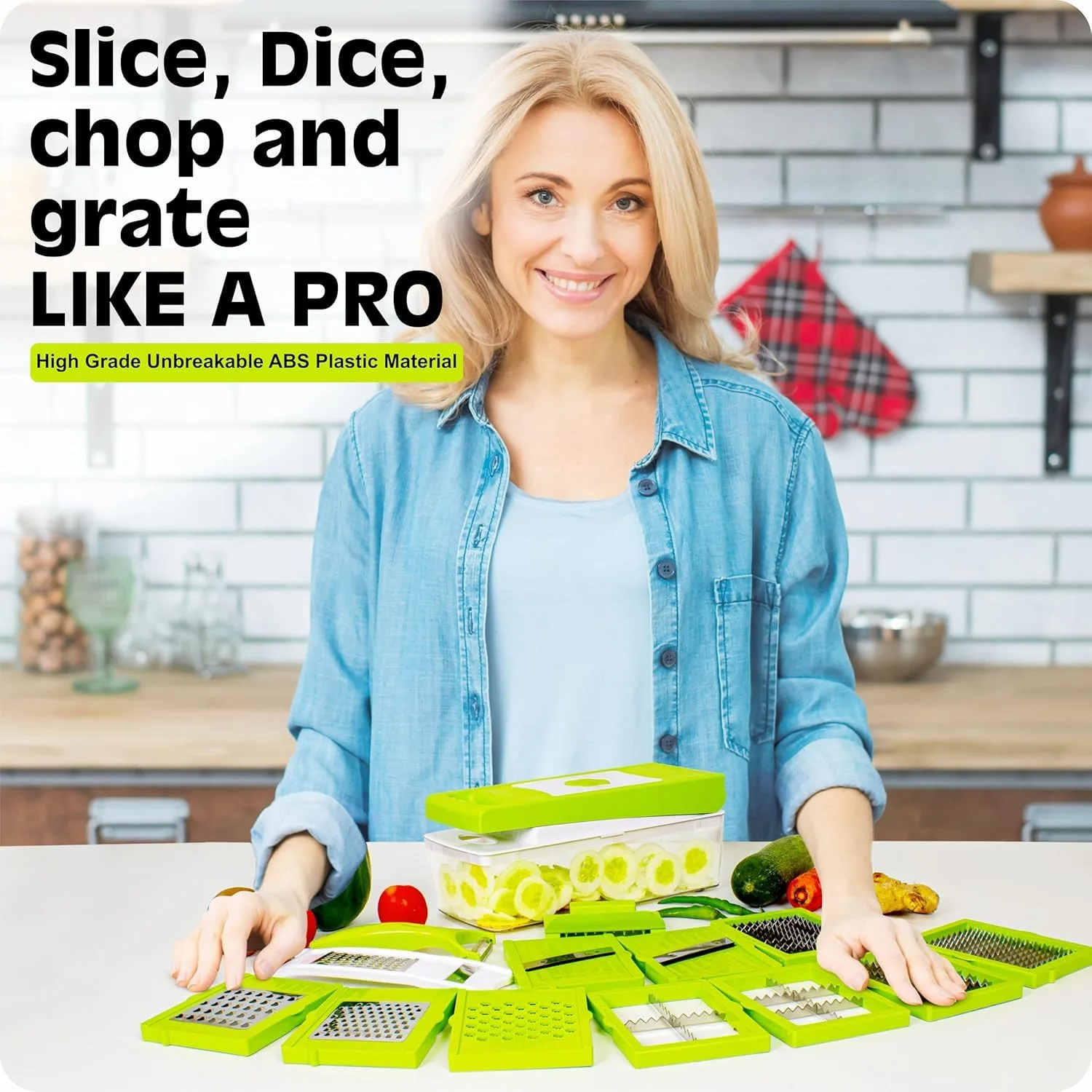 Tekcool 15 in 1 Multipurpose Chopper, Fruits & Vegetable Cutters, Grater Peeler Chipser, Unbreakable Food Grade Body, Easy Push to Clean Button Slicer Dicer, Chopper for Kitchen (Green, Plastic) - Image 7