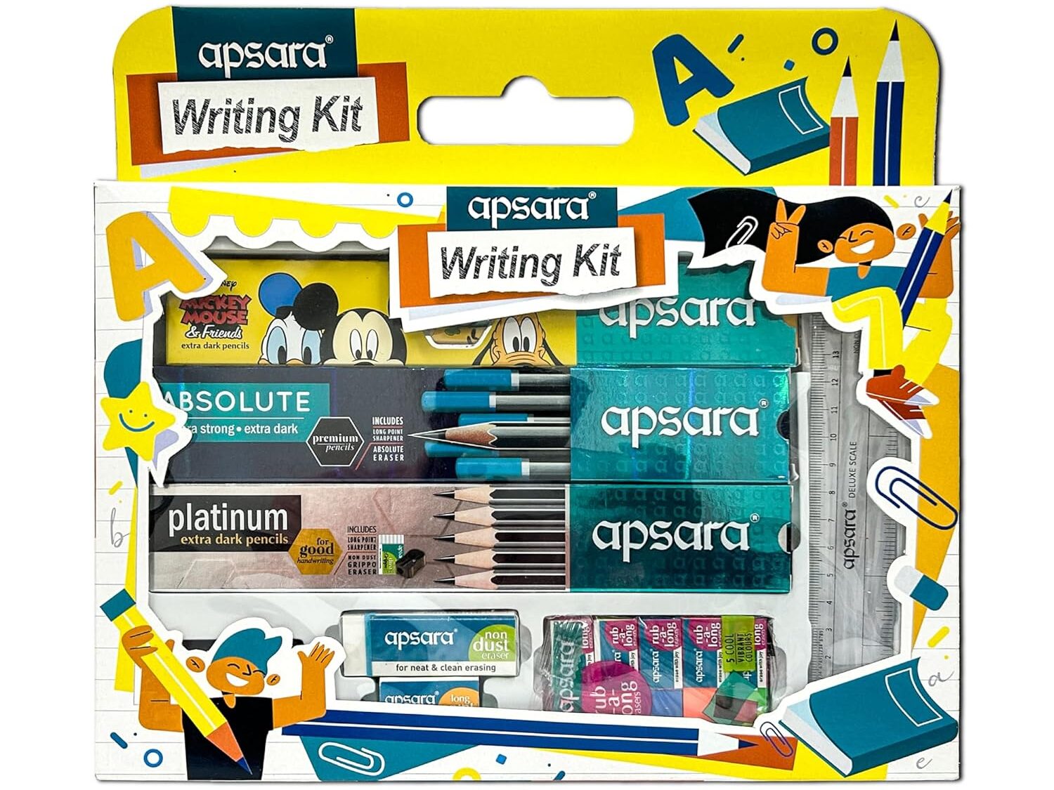 Apsara Writing Kit | Mickey Mouse Themed Pencils | Extra Dark Pencils Sharpener | Pack of 5 Colorful Erasers |Extra Long Eraser Scale for Measurements | | Kids & Birthday Gift